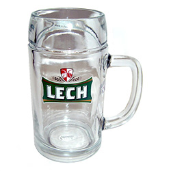 Lech Brand Beer Stein, one of Poland's most popular beers. According to legend Lech was the prince who founded the Polish state.   This is a 1/2 liter capacity tall glass stein.  The glass is made in Austria and stamped in Krosno, Poland.