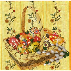Basket full of Pisanki Napkins (package of 20).   Three ply napkins with water based paints used in the printing process.  The basket of Pisanki pattern appears on the front of this napkin and the daisies are on the other 3 sides.
.