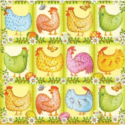 Chickens, Butterflies and Pisanki Dinner Napkins (package of 20).   Three ply napkins with water based paints used in the printing process.  The pattern appears on all 4 quarters of this napkin.