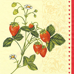 Wild Strawberry Sprig Dinner Napkins (package of 20).   Three ply napkins with water based paints used in the printing process.  The pattern repeats on both halves of this napkin, as seen in the last picture shown.