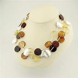 18" Multi Color Three Strand Silver And Amber Discs Necklace