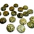 Approx .5" dia x .25" thick - 12mm x 6mm thick.  These are round domed amber cabochons and the backs are painted black which makes the cabochon appear green.  Price is per piece.