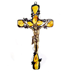 A work of art incorporating natural amber, metal and brass figure of Christ. Size approx 10.5" x 5.25". Made in Gdansk, Poland.