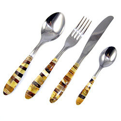 Very elegant sterling-silver knife, fork and spoon set, with the handles decorated with bands of cream, cherry, honey and green amber.  Amber craftsmanship is from Lithuania and the stainless steel utensils are from Brazil.