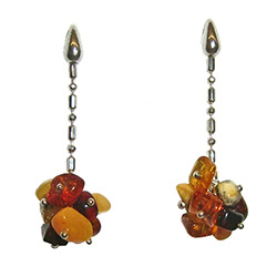 Stylish set of dangle earrings, consisting of a cluster of multi-color amber cubes attached to a Sterling Silver fashion chain.