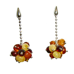 Stylish set of dangle earrings, consisting of a cluster of multi-color amber spheres attached to a Sterling Silver fashion chain.