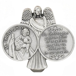 Carry St Christopher, patron saint of travelers while you travel in your vehicle.  The back has a spring clip that slides on to the windshield visor.