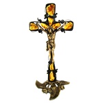 Hand made in Gdansk, the beautiful crucifix is made with natural Baltic amber imbedded in an artistic cross.  Brass base and body of Christ.  Removable base.