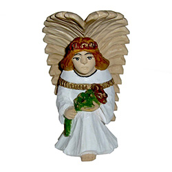 Beautiful hand carved and painted angel by Mieczyslaw Gaja.  Mr Gaja is an accomplished carver who began his career in 1975.  He  is closely associated with the wood carvers school in the town of Lukow (Lukow Carver's Center).   Mr Gaja carves all of his