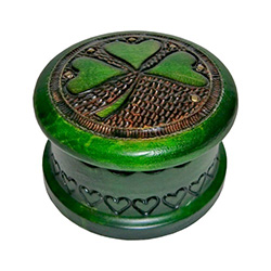 Beautiful Polish craftsmanship with an Irish theme.  Round box with shamrock design, metal inlay accents and vibrant green finish.