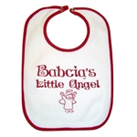 Great cotton bib with a rubberized back and metal snaps in Polish colors, read and white. Babcia's Little Angel ,Translation: Grandma's Little Angel. In some Polish families grandma was referred to as Busia. You can select either name below.