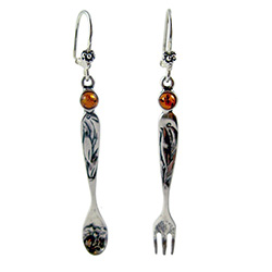 Now these are a real conversation piece.  Nicely detailed silver spoon and fork topped with an amber bead.