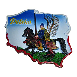 Our magnet features the Polish Winged Hussar in an outline of Poland and the word "Polska" in the upper left.  See below for the history of these Polish knights.