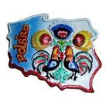 Our magnet features colorful folk flowers and roosters, in an outline of Poland and the word "Polska" in the upper left.
