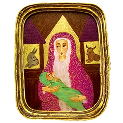 Painting on glass is an art technique by which the artist paints a picture on the reverse side of a glass surface.  Magdalena Hniedziewicz specializes in religious themes and in particular the Madonna and Child.