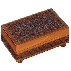 Looks like a beautifully finished and detailed wooden box from Poland (which it is), but there's more than meets the eye! This box won't open if you don't know the trick. Rotating feet unlock the box.  Interior has a red felt lined bottom.