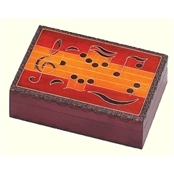 This beautiful box is made of seasoned Linden wood, from the Tatra Mountain region of Poland and a mushroom patch burned into the top. The treble clef, the key of B flat, and a variety of notes decorate the lid of this box. Metal inlays enhance the design