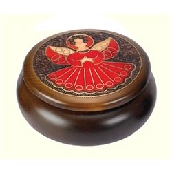 This beautiful box is made of seasoned Linden wood, from the Tatra Mountain region of Poland and a mushroom patch burned into the top. Round box with beautiful angel design accented with metal inlay.