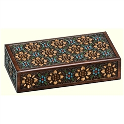 This beautiful box is made of seasoned Linden wood, from the Tatra Mountain region of Poland and a mushroom patch burned into the top. 2 compartments. Multicolored floral motif.