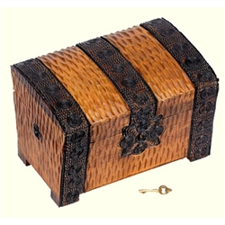 This beautiful box is made of seasoned Linden wood, from the Tatra Mountain region of Poland and a mushroom patch burned into the top. Deeply carved with hand burned and stained designs. Lock and key.
