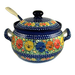 Polish Pottery 11" Soup Tureen with Ladle. Hand made in Poland. Pattern U417 designed by Maria Starzyk.