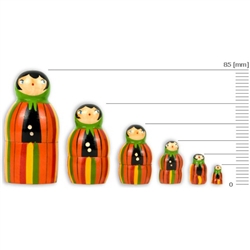 These nesting dolls come in a set of 6 ranging from 15 to 85 millimeters in size.  Made primarily from silver birch which is seasoned for a number of years before being cut and painted.
