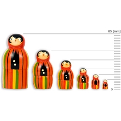 These nesting dolls come in a set of 6 ranging from 15 to 85 millimeters in size.  Made primarily from silver birch which is seasoned for a number of years before being cut and painted.