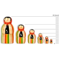 These nesting dolls come in a set of 6 ranging from 15 to 85 millimeters in size.  Made primarily from silver birch which is seasoned for a number of years before being cut and painted.