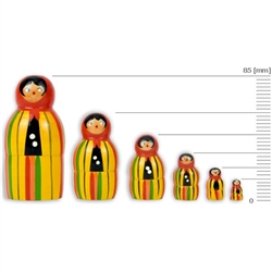 These nesting dolls come in a set of 6 ranging from 15 to 85 millimeters in size.  Made primarily from silver birch which is seasoned for a number of years before being cut and painted.