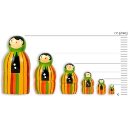 These nesting dolls come in a set of 6 ranging from 15 to 85 millimeters in size.  Made primarily from silver birch which is seasoned for a number of years before being cut and painted.