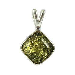 Green Color Amber Diamond Shaped Pendant.  Honey colored amber when painted black on one side changes the color on the other side to appear green.