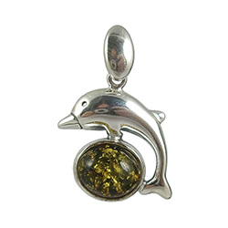 Green Amber Color Sterling Silver Dolphin Pendant.   Honey colored amber when painted black on one side changes the color on the other side to appear green.