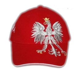 Display the Polish colors of red and white with this handsome looking cap with detailed embroidery work.   The front of the cap features a large offset silver Polish Eagle with gold crown and talons.  On the back left side are the words "Polska" (Poland).