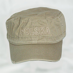 This military style khaki cap has the word POLSKA (Poland) embroidered on the front and a Polish flag on the back. .  Features an adjustable  Velcro tab in the back.  Designed to fit most people.