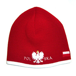 Red Knit Skull Cap With The Polish Eagle And Flag