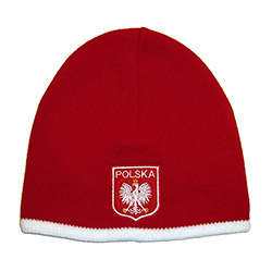 Display your Polish heritage!  Red stretch ribbed-knit skull cap, which features Poland's national emblem below the word "Polska" (Poland).  Easy care acrylic fabric.  One size fits all.   Imported from Poland.