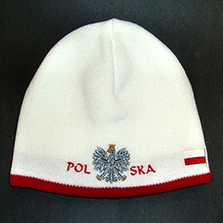 Display your Polish heritage!  Red and white stretch ribbed-knit skull cap, which the Polish Eagle between the word "Polska" (Poland).  Easy care acrylic fabric.  One size fits all.   Imported from Poland.