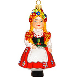 Dress up your tree with a touch of Polish heritage! Passionately crafted from glass in Poland, this 4" tall ornament depicts a beautiful Polish girl with braided hair wearing a crown of flowers and dressed in colorful, traditional garb. Subtle hints of g