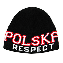 Display your Polish heritage!  Black stretch ribbed-knit skull cap with the word Polska (Poland) and Respect on the front.  Easy care acrylic fabric.  Once size fits all.  Imported from Poland.