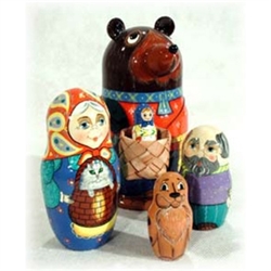 This matryoshka illustrates a fairy tale as well known in Russia as Goldilocks is in America. A young girl may not seem to have a chance after becoming lost in the woods and caught by a bear, but this story of "brains over brawn" shows how even a little g