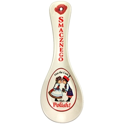 The perfect Polish gift for your kitchen wall. This attractive 10" ceramic decorative spoon rest features the saying "Kiss The Cook, She's Polish" and "Smacznego" (Bon Appetit) on the handle. To be hung as the text is top to bottom.
