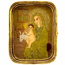 Painting on glass is an art technique by which the artist paints a picture on the reverse side of a glass surface.  Magdalena Hniedziewicz specializes in religious themes. Each of her beautiful paintings is enclosed in a hand made paper mache frame with a