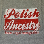 Polish Ancestry text over the Polish flag.  This shirt is designed to look "distressed".  For those of you over 50 that means it looks old and used.