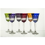 Beautiful set of six crystal tulip shaped wine glasses.  Classic diamond cut pattern all done by hand in Poland.  Six different colors in a set.