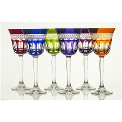 Beautiful set of six crystal tulip shaped wine glasses.  Classic diamond cut pattern all done by hand in Poland.  Six different colors in a set.  Each base has a small circular etching with the  24% PBO (genuine lead crystal) trademark (see picture).