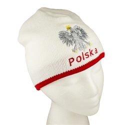 Display your Polish heritage! White with red trim stretch ribbed-knit skull cap, which the Polish emblem under the word "Polska" (Poland). Easy care acrylic fabric. One size fits most. Imported from Poland.