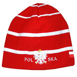 Display your Polish heritage!   White with red striped stretch ribbed-knit skull cap, which the Polish emblem under the word "Polska" (Poland).  Easy care acrylic fabric.  One size fits all.   Imported from Poland.