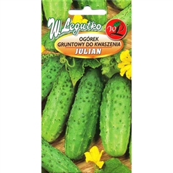 Cucumber Seeds - Ogorek Julian. Imported from Poland.  
Young fruit picked everyday are ideal for cornichons (sour gherkins), older ones, 6-9 cm long are recommended for pickling.