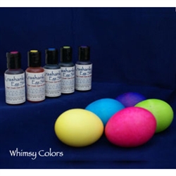 Set of 5 Edible Dyes in Whimsy Colors including color Purple, Yellow, Hot Pink, Seriously Blue and Really Green .7 oz bottle, will mix 3 - 4 batches depending on desired color intensity. Ideal for dyeing eggs Easter Eggs that will be eaten or when working