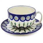 Polish Pottery 13 oz. Cup and Saucer Set. Hand made in Poland and artist initialed.